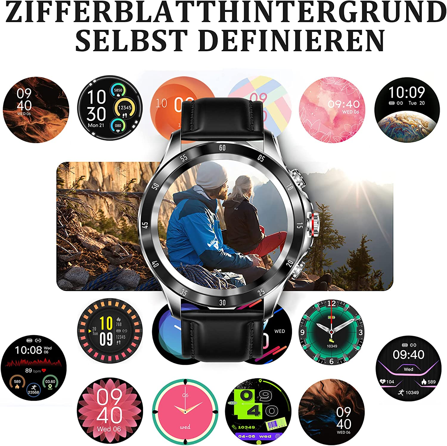 Esferas de smartwatch con varios diseños y funciones como hora, fecha y ritmo cardíaco.