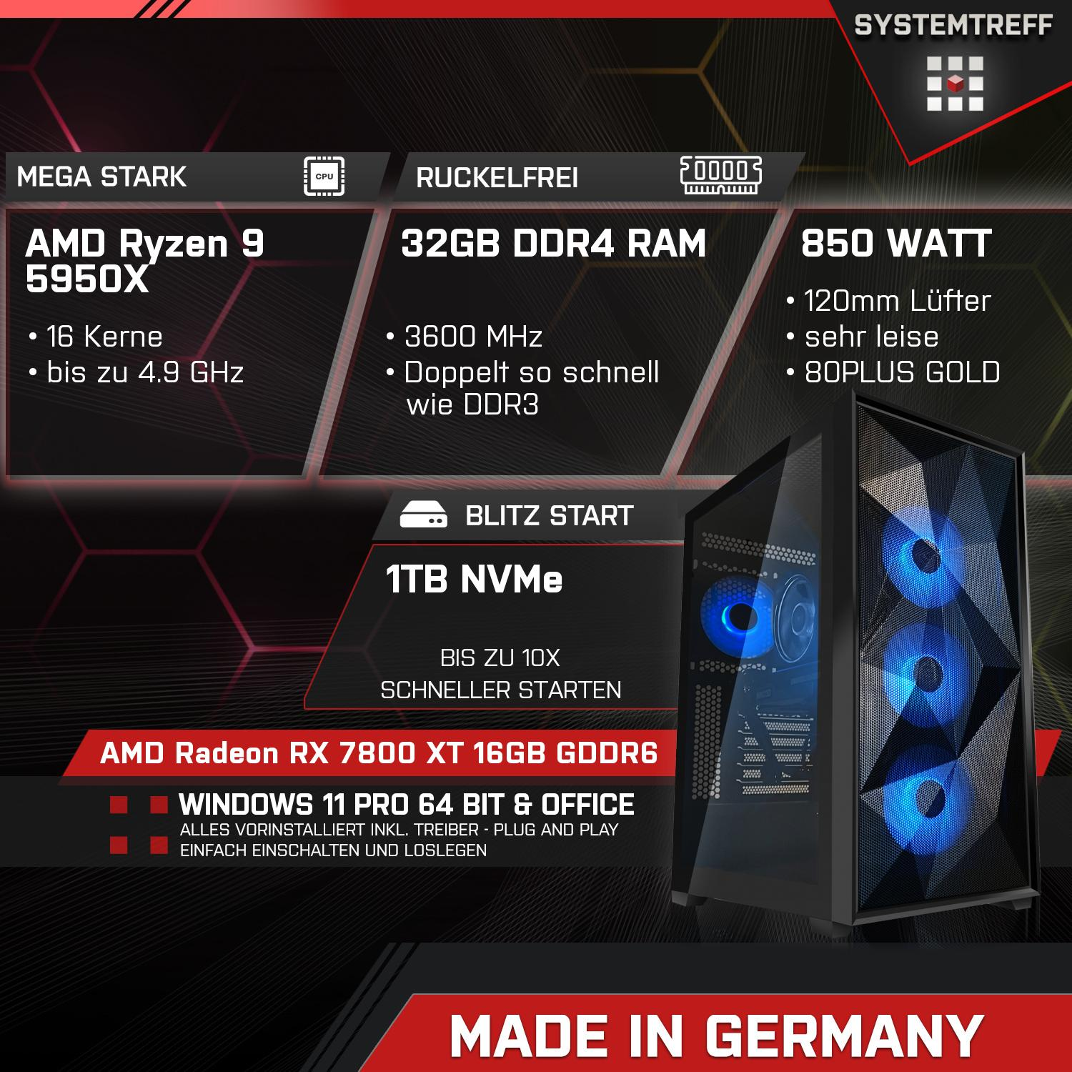 SYSTEMTREFF Pro Gaming 9 AMD Ryzen Pro, RAM, AMD 5950X, Radeon™ mit XT Ryzen™ 7800 32 Gaming RX AMD 1000 Windows GB Prozessor, PC GB 11 mSSD, 9
