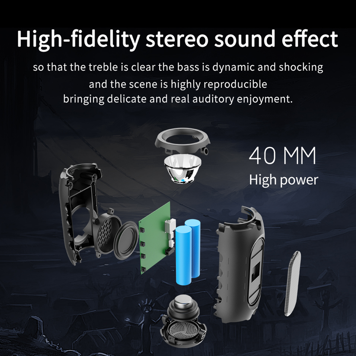 Diagrama de un altavoz con componentes. Texto dice 'Efecto de sonido estéreo de alta fidelidad' y '40 MM'.