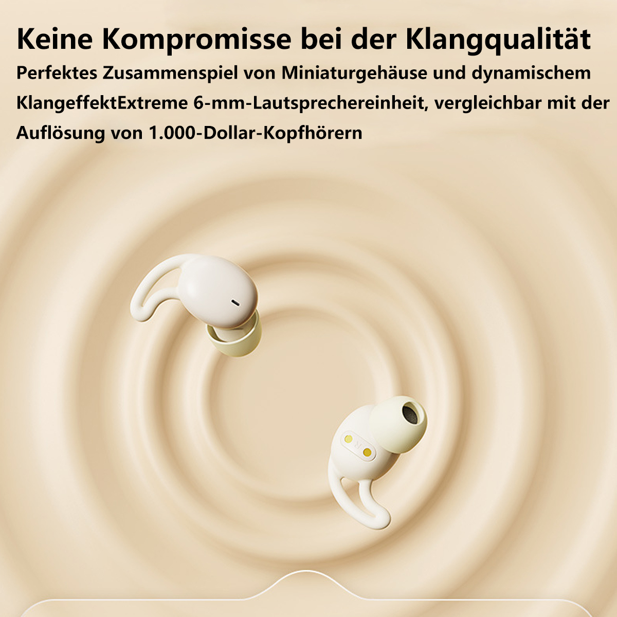 Zwei weiße Ohrhörer auf beigem Hintergrund, mit Text zur Klangqualität.