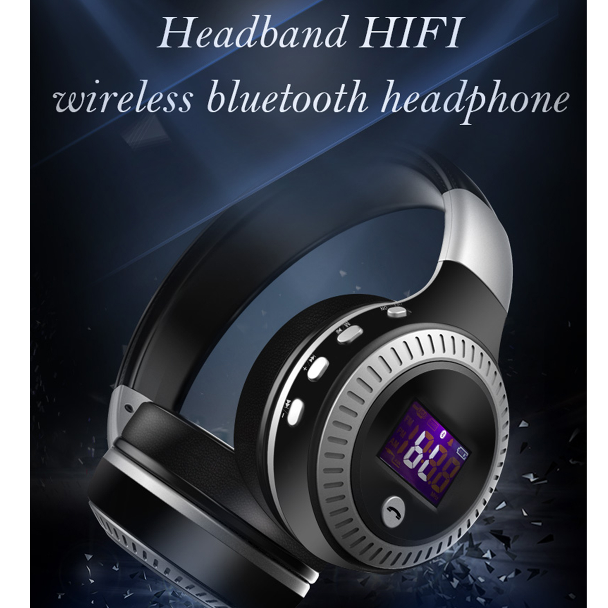 Schwarze und silberne Kopfhörer mit LED-Anzeige, mit Text, der drahtloses Bluetooth anzeigt.