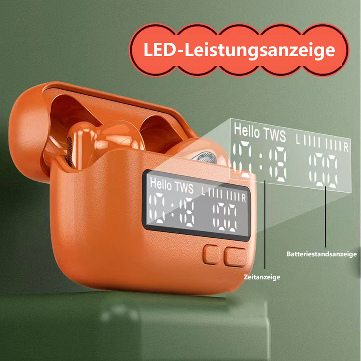 Orangefarbene Ohrhörer mit Ladecase, auf einem Bildschirm werden Batterie und Zeit angezeigt.