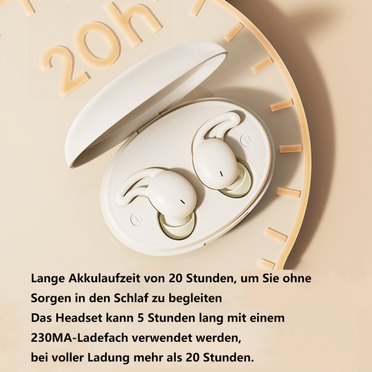 Weiße Ohrhörer in einem Etui, mit Text zur Akkulaufzeit, auf hellem Hintergrund.