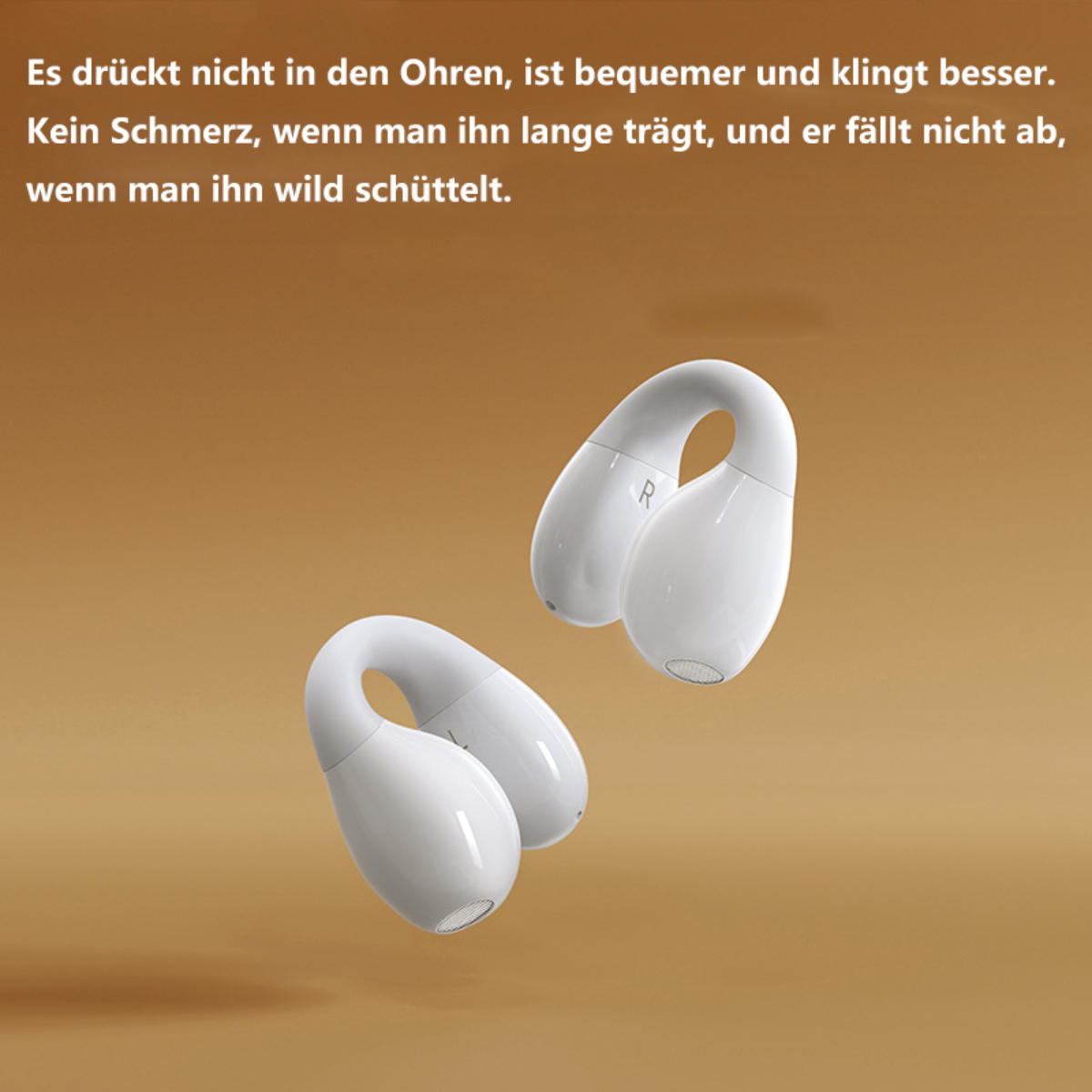 Zwei weiße, ohrhörerähnliche Geräte auf braunem Hintergrund. Text oben.