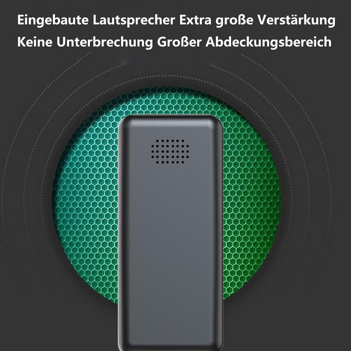 Un dispositivo rectangular negro con una rejilla de altavoz y un fondo circular verde.