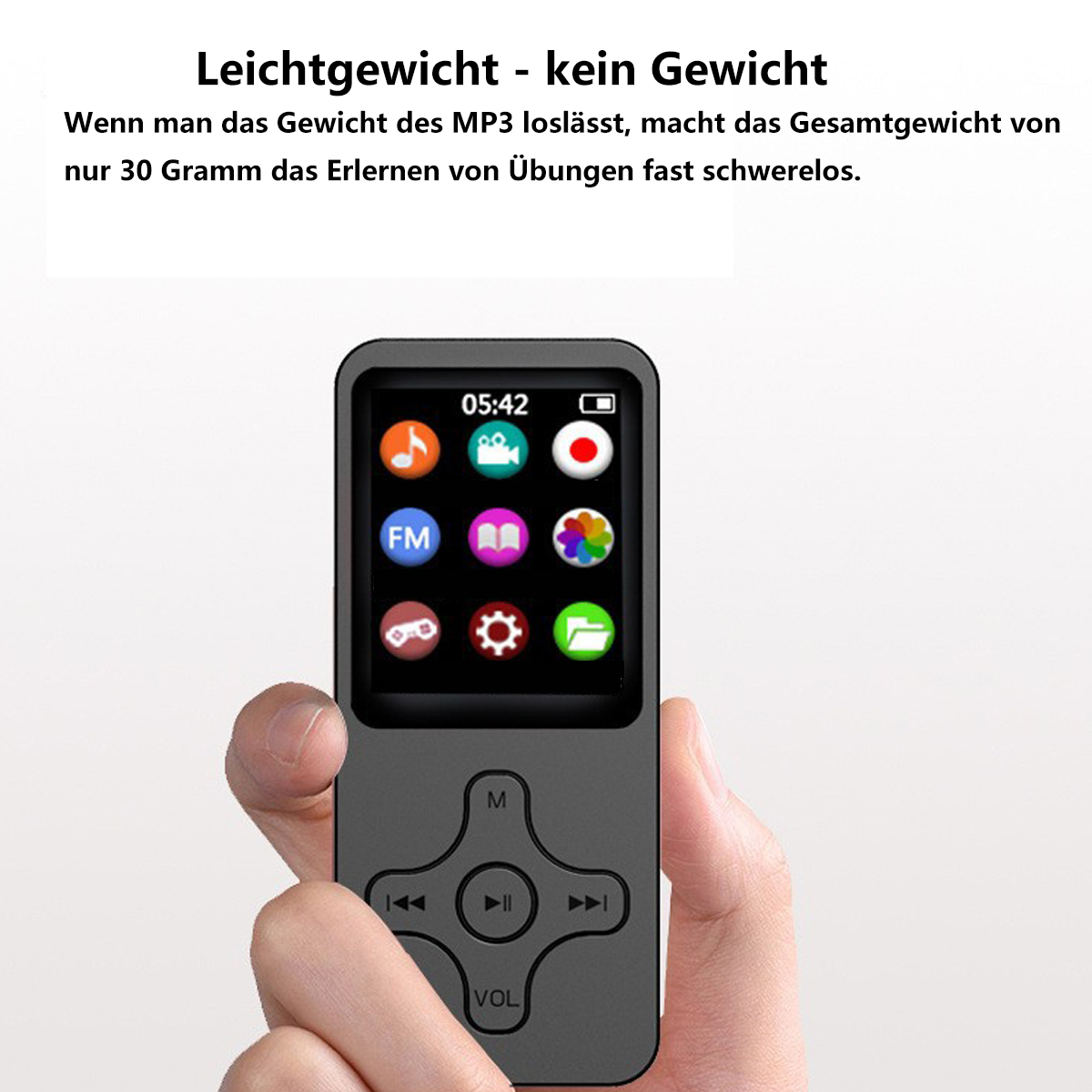 Mano sosteniendo un reproductor MP3 negro con pantalla que muestra iconos. Texto: Leichtgewicht - kein Gewicht.