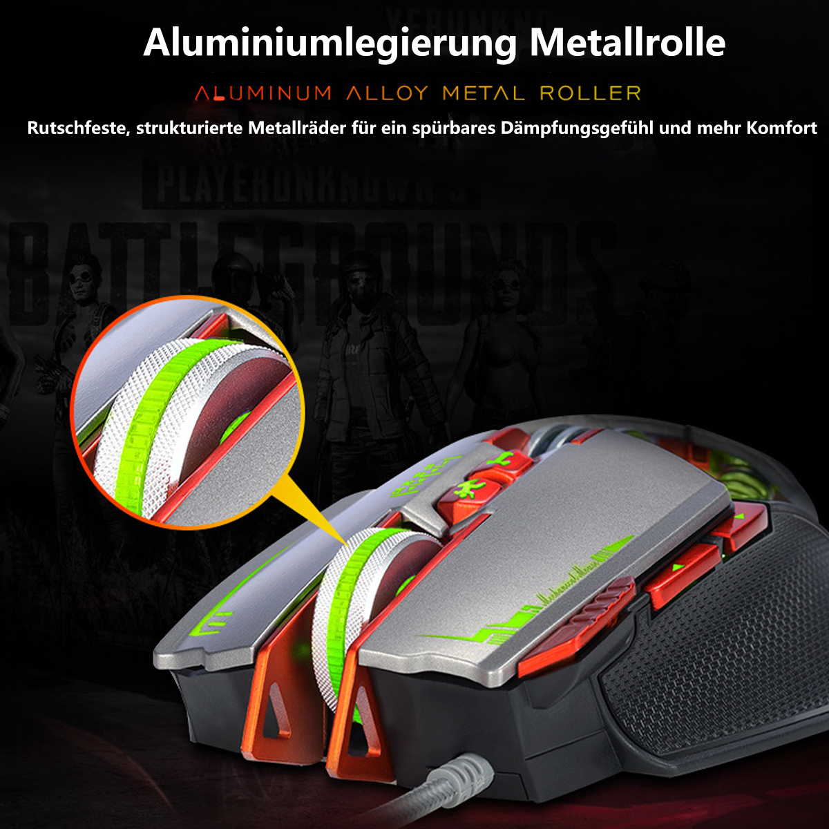 Eine graue und schwarze Gaming-Maus mit roten und grünen Akzenten. Die Maus hat ein detailliertes Rad mit grünen Akzenten.