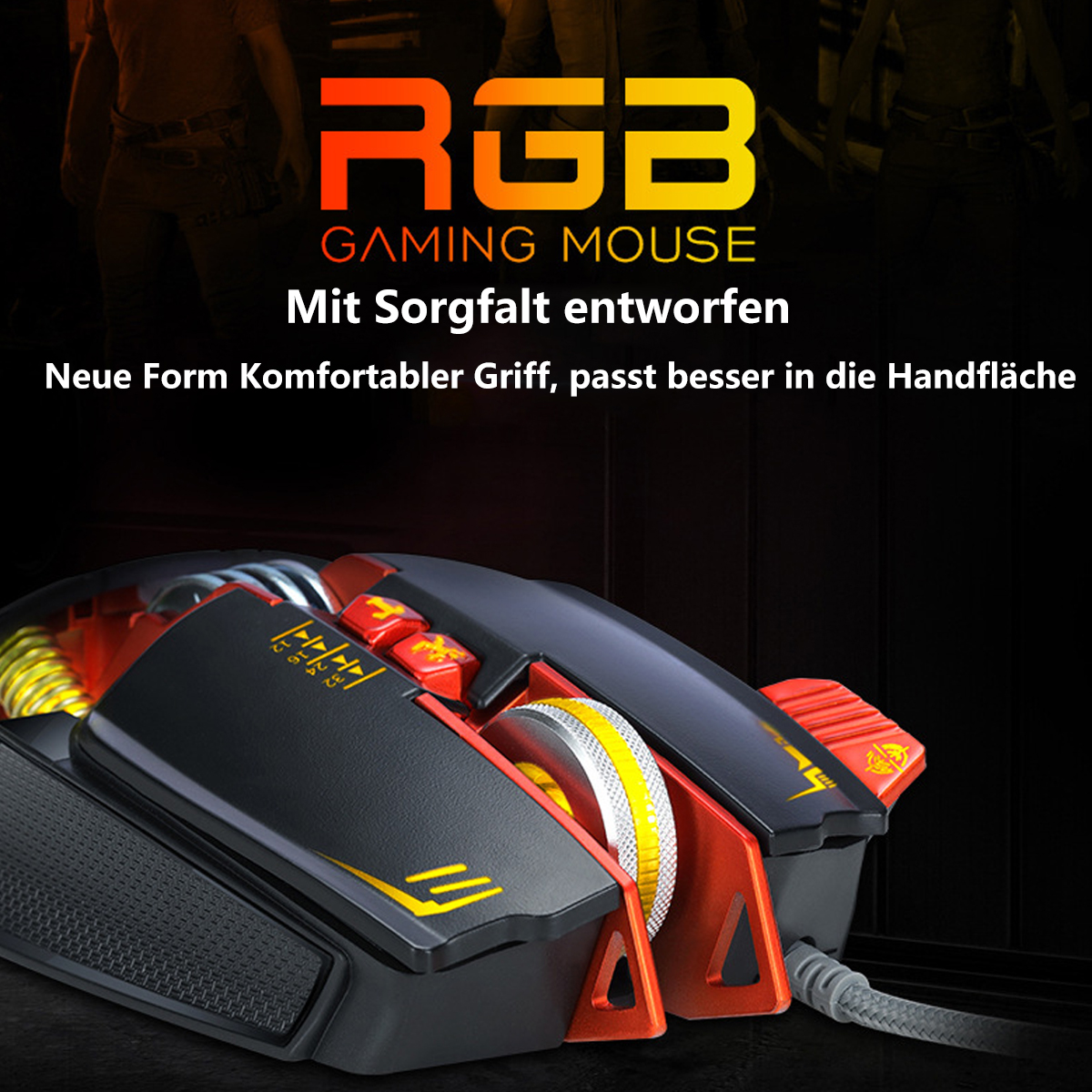 Schwarze und rote Gaming-Maus. Hat mehrere Tasten und ein gelbes Rad. Der Hintergrund ist schwarz und rot.