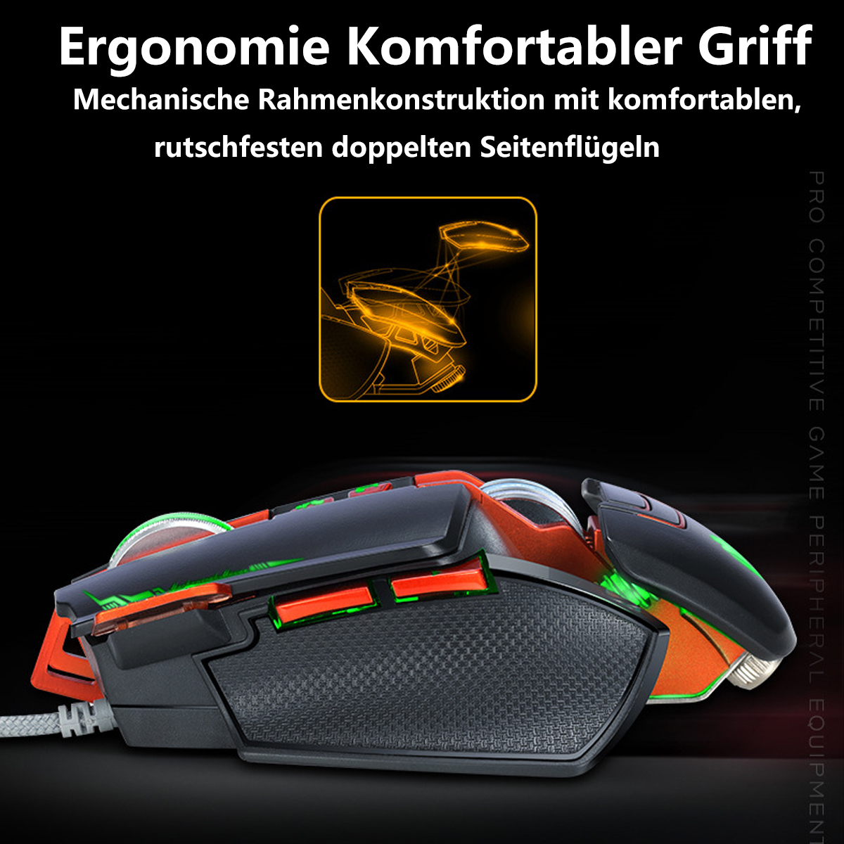 Eine schwarze und orangefarbene Gaming-Maus mit strukturierter Oberfläche und mehreren Tasten. Der Hintergrund ist schwarz.