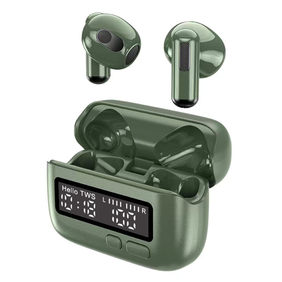 Grüne kabellose Ohrhörer in Ladeetui. Etui zeigt Zeit an. Isoliert auf Weiß, modernes Design.