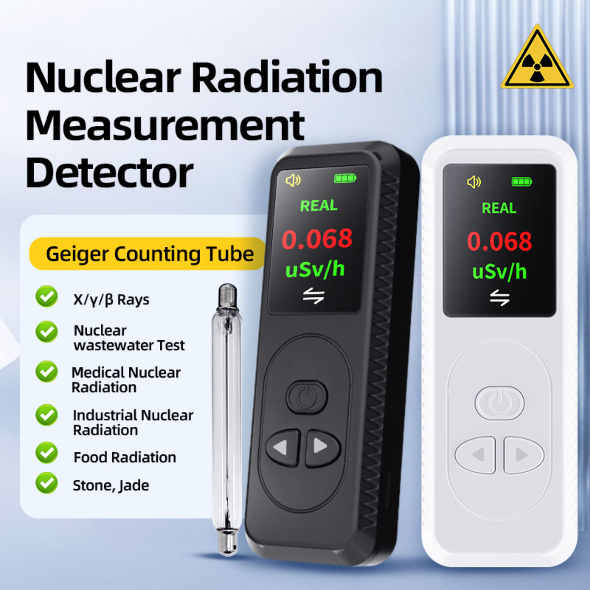 Detector de radiación nuclear con un tubo Geiger y una pantalla digital que muestra una lectura.
