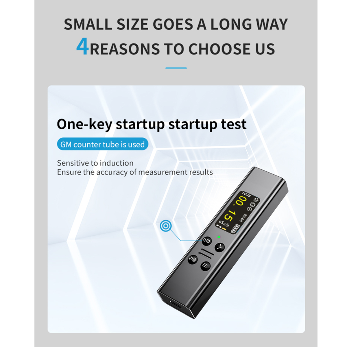 Ein schwarzes Gerät mit Bildschirm, der Messwerte anzeigt. Text: 'One-key startup', 'GM counter tube' und 'measurement results'.