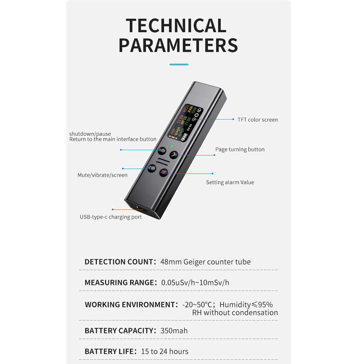 Gerät mit Text und Details zur Strahlungsdetektion. Es hat einen TFT-Farbbildschirm, Tasten und einen USB-Ladeanschluss.