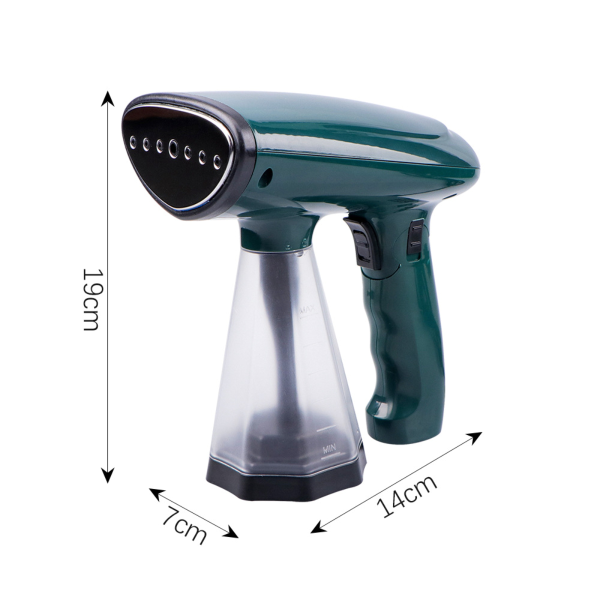 Grüner Hand-Kleidungsdampfer. Abmessungen: 19 cm hoch, 14 cm lang und 7 cm breit. Weißer Hintergrund.