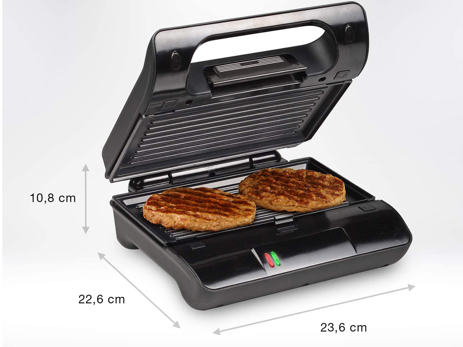 Ein schwarzer Grill mit zwei Burger-Patties darauf. Abmessungen und Bedienelemente sind abgebildet.