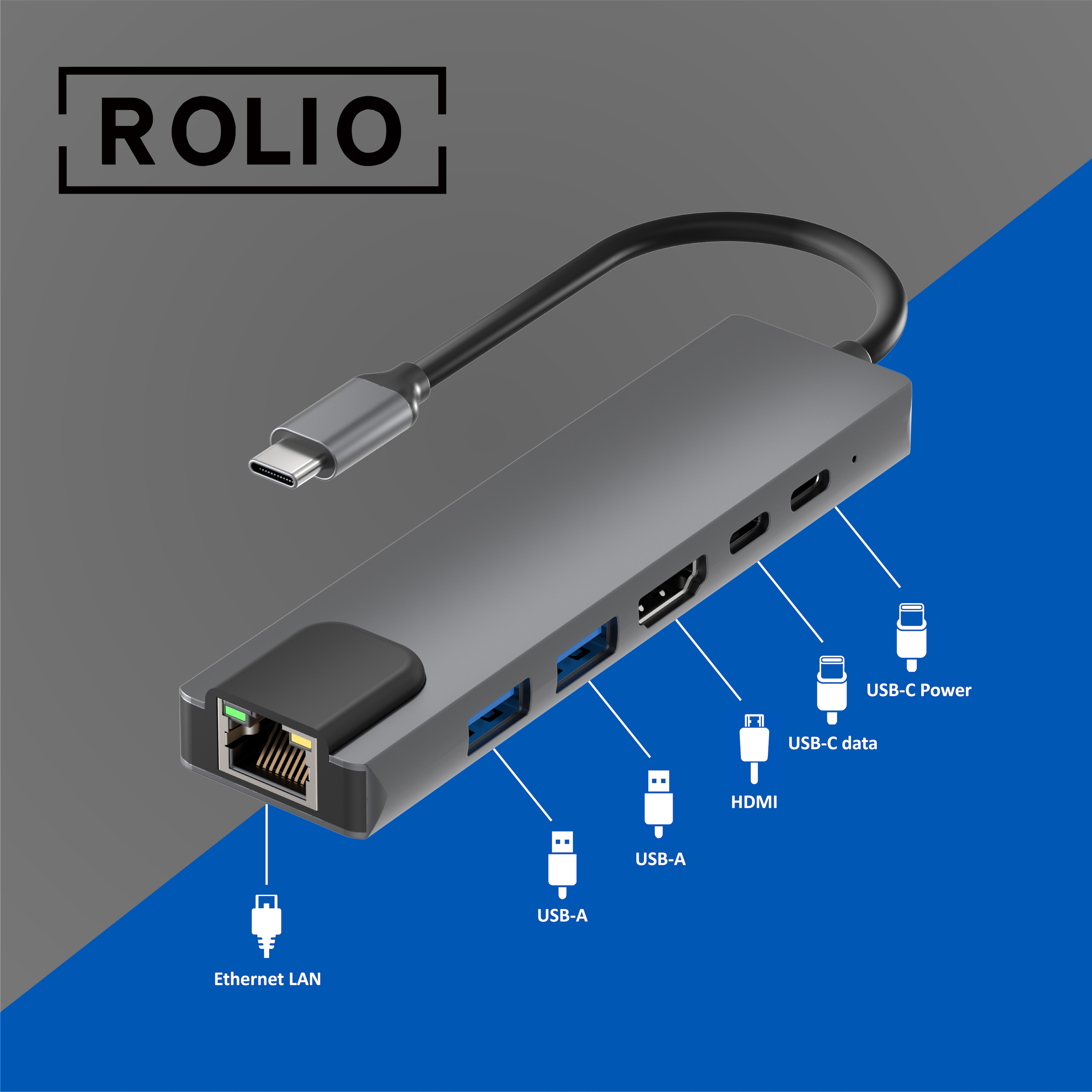 ROLIO 4K HDMI Ethernet, USB-C Space Hub, Grau