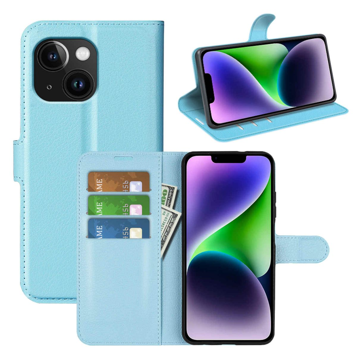 Hellblau Geld & Apple, Kreditkarten Fach, Bookcover, iPhone Wallet Tasche WIGENTO Book mit 15,