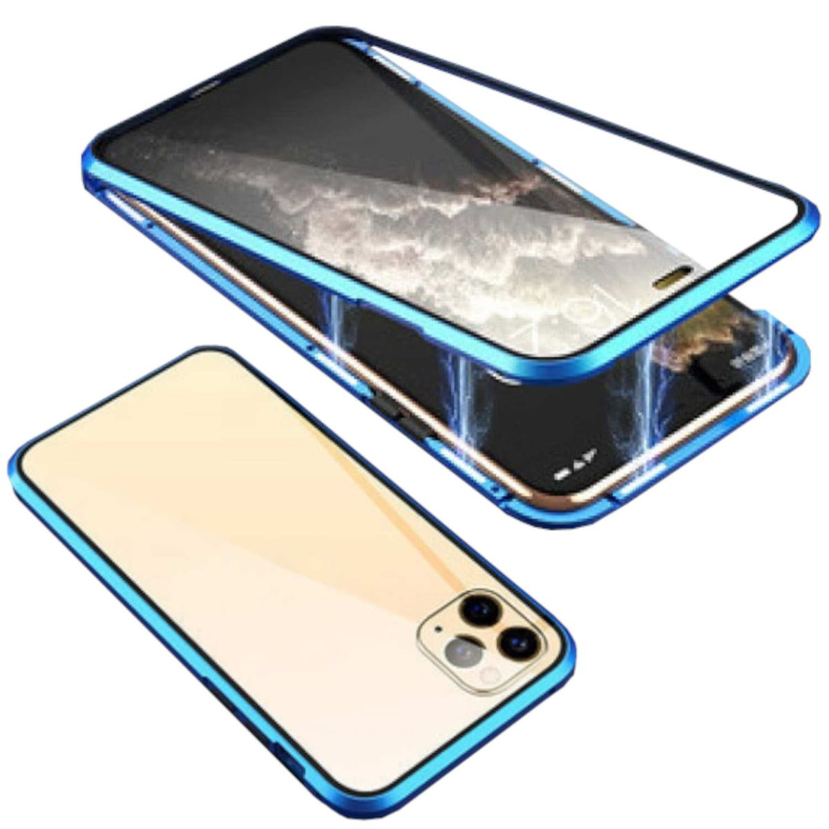 WIGENTO Beidseitiger 360 Glas / Transparent 15 Blau Hülle, Magnet Metall Grad Cover, iPhone Full Aluminium Pro Apple, Max