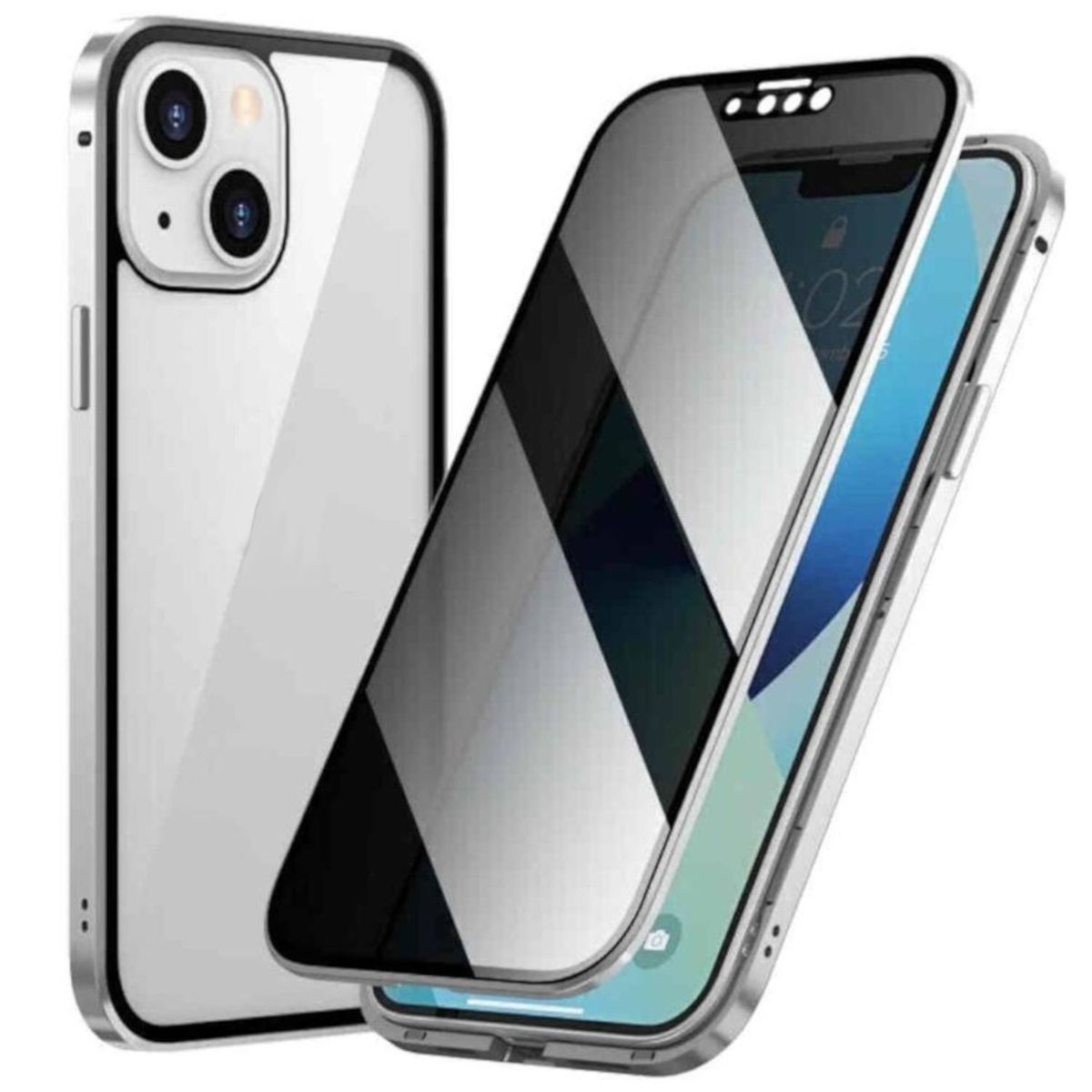 360 / Cover, Beidseitiger Privacy / Grad iPhone Mirror Magnet Full Pro, WIGENTO Hülle, Glas Silber Transparent 15 Apple,