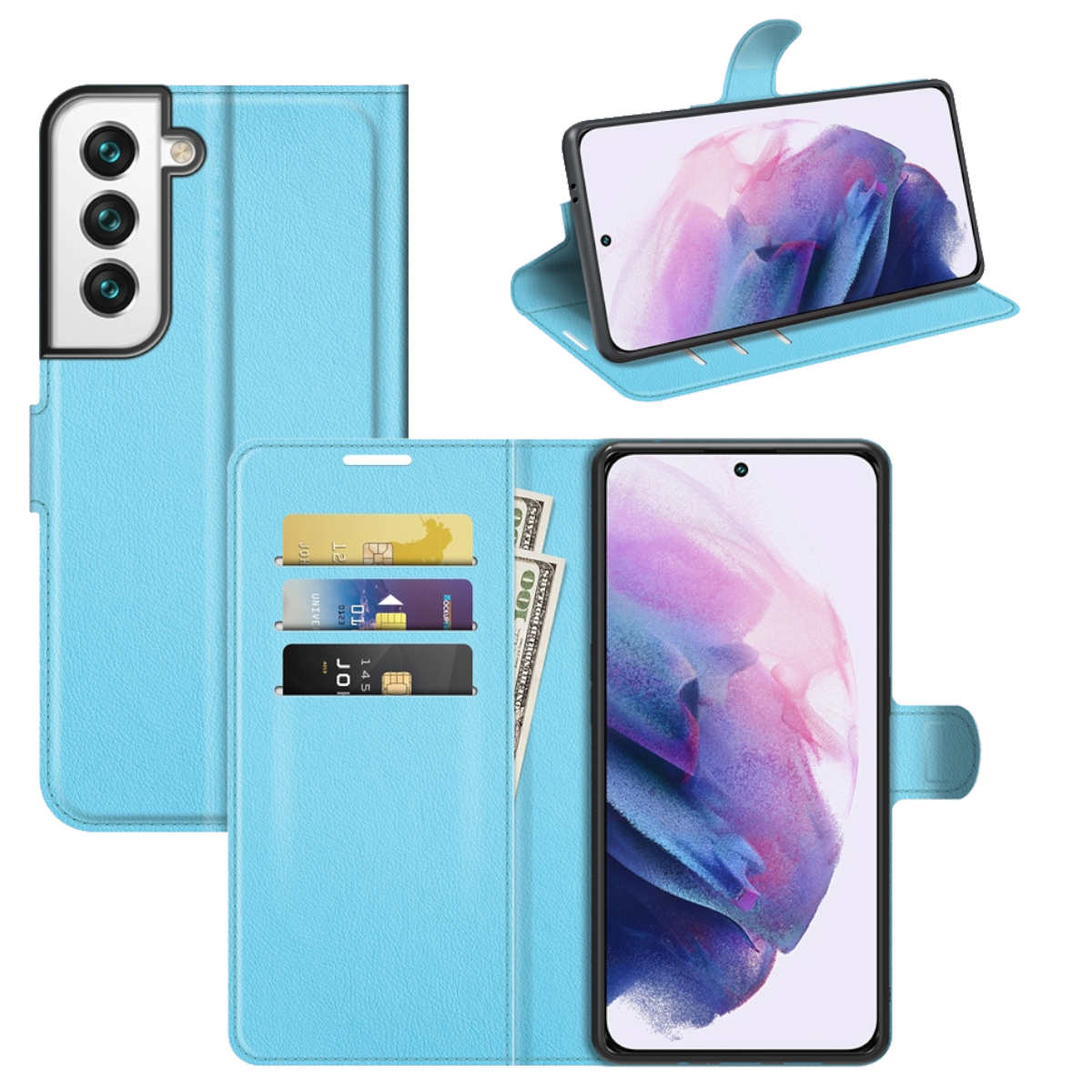 Una funda de teléfono azul claro con un teléfono dentro, y dos tarjetas y dinero visibles.