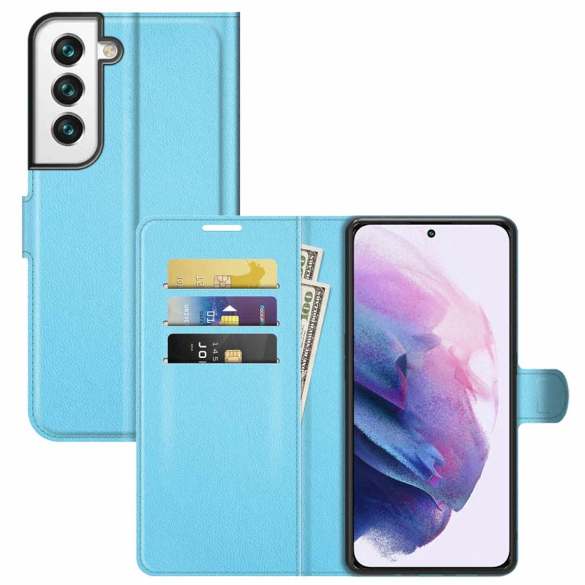 Fach, Samsung, mit Blau & Galaxy WIGENTO Tasche Kreditkarten Book Bookcover, Wallet Plus, Geld S22