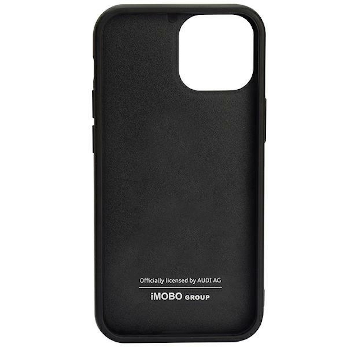 Una custodia nera per telefono con un ritaglio per la fotocamera e il testo 'Officially licensed by AUDI AG'.