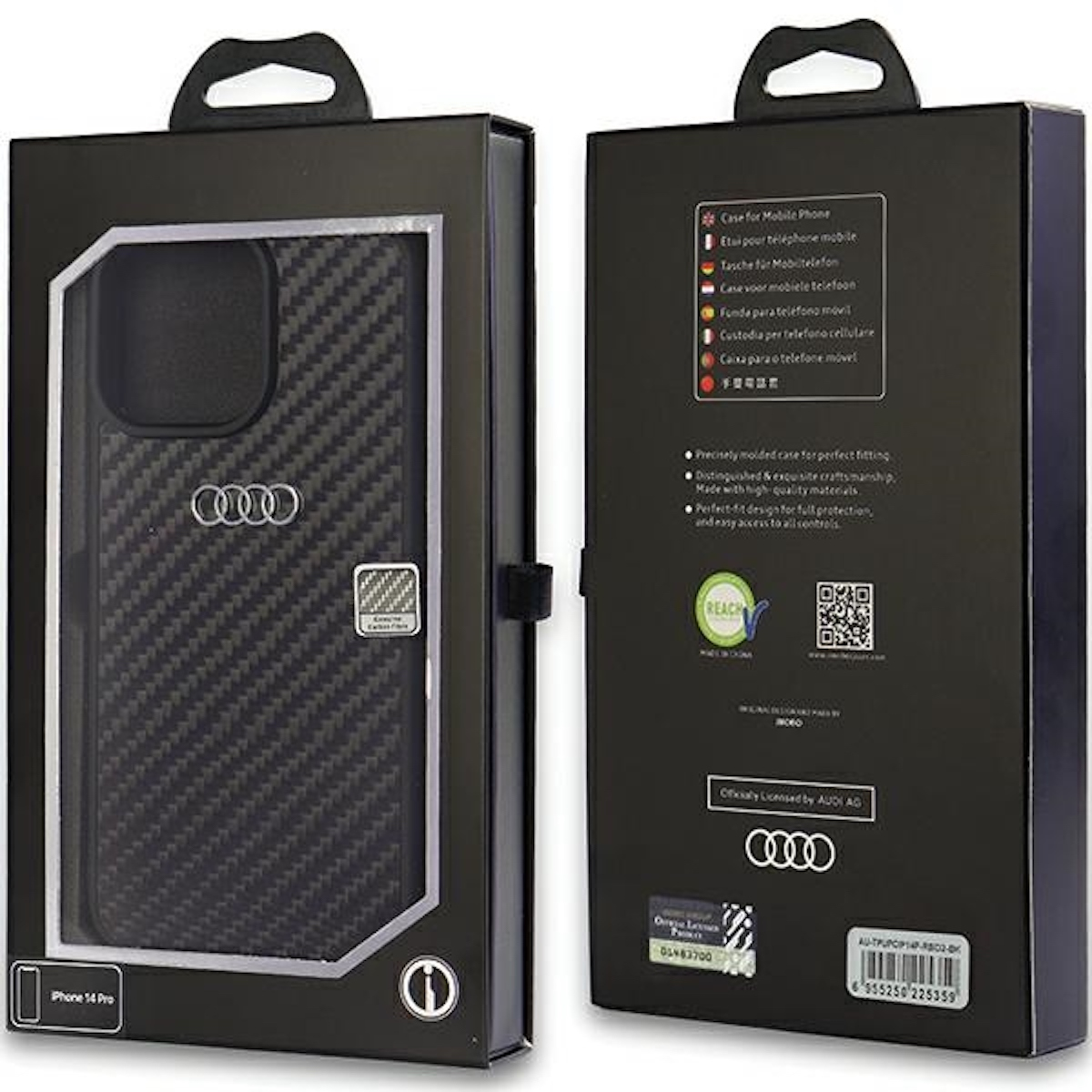 Custodia per telefono in scatola. La custodia ha un design in fibra di carbonio e un logo Audi.