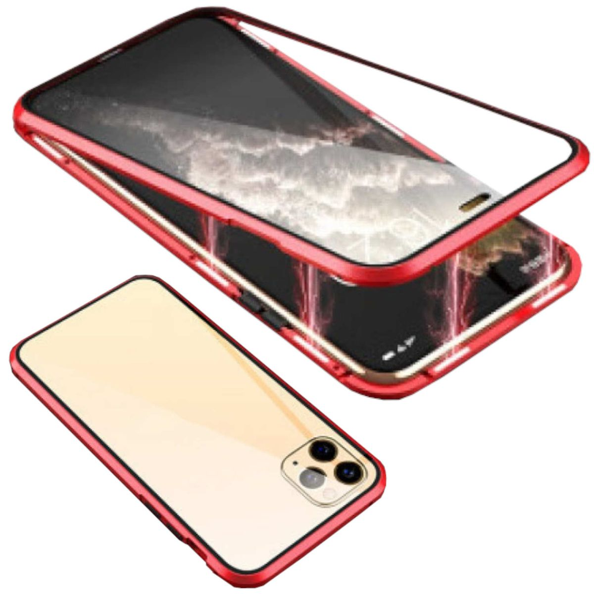 Magnet Hülle, Metall Glas Beidseitiger Apple, Full / WIGENTO Rot iPhone Grad Transparent Cover, 15 Aluminium Plus, 360