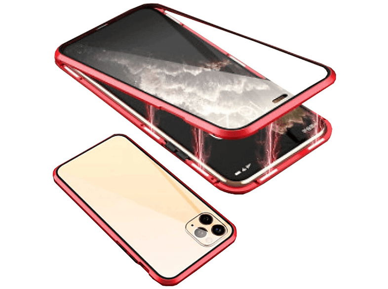 WIGENTO Beidseitiger 360 Grad Magnet Glas Metall Aluminium Hülle, Full Cover, Apple, iPhone 15, Rot / Transparent