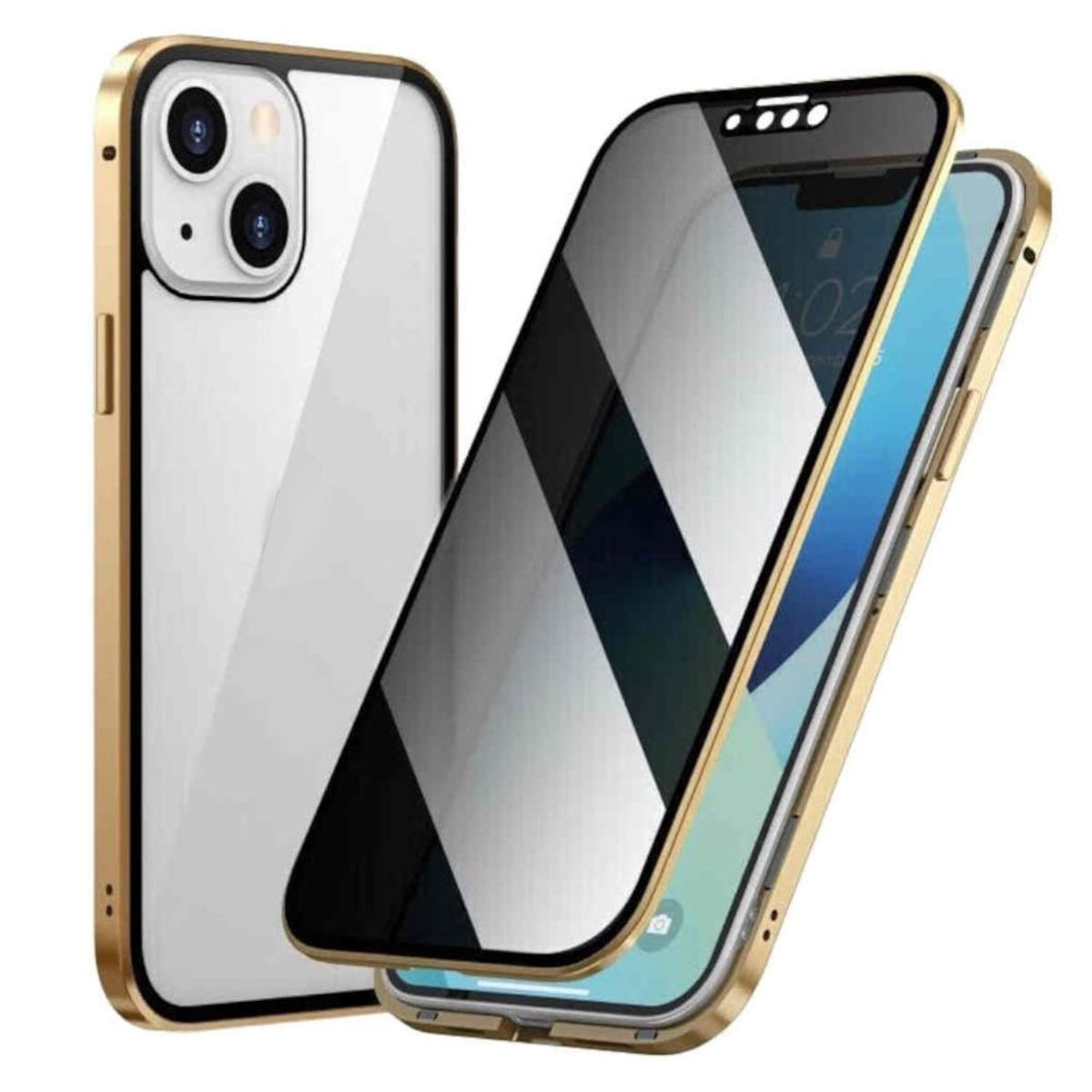 WIGENTO Beidseitiger Glas Grad / 15 Privacy Full Gold Pro, Cover, / Apple, Magnet Transparent 360 iPhone Mirror Hülle