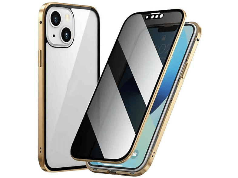 WIGENTO Beidseitiger 360 Grad Magnet / Glas Privacy Mirror Hülle, Full Cover, Apple, iPhone 15 Pro, Gold / Transparent