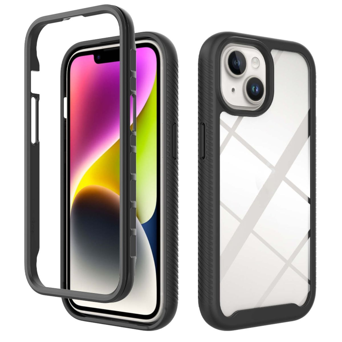 Handyhülle mit transparentem Rücken und schwarzem Rahmen und Telefon auf weißem Hintergrund.
