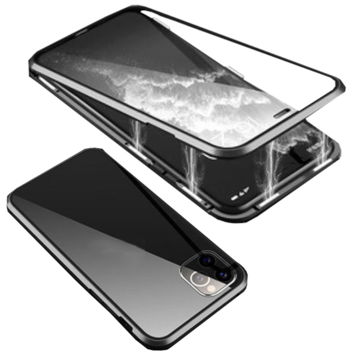 Grad Metall Max, iPhone 15 Schwarz Transparent Full Beidseitiger Glas Cover, / Aluminium Apple, Hülle, WIGENTO Magnet Pro 360