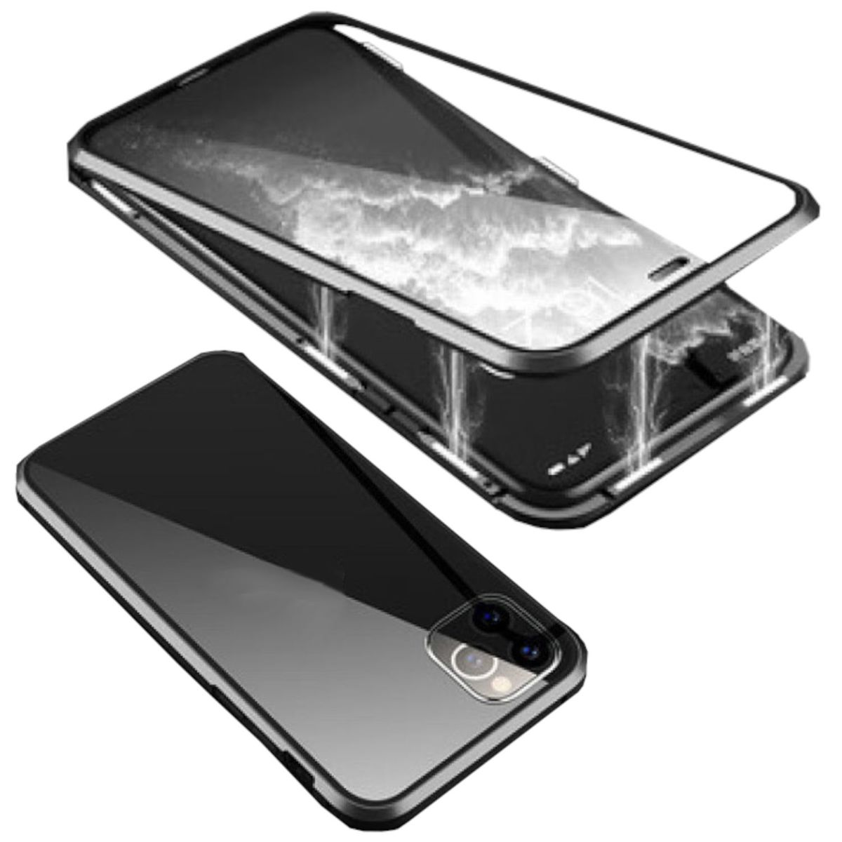 Aluminium iPhone Magnet Full Glas / Schwarz Metall Cover, Beidseitiger Grad WIGENTO 360 Apple, Transparent Hülle, 15,