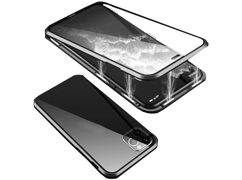 WIGENTO Beidseitiger 360 Grad Magnet Glas Metall Aluminium Hülle, Full Cover, Apple, iPhone 15 Pro Max, Schwarz / Transparent