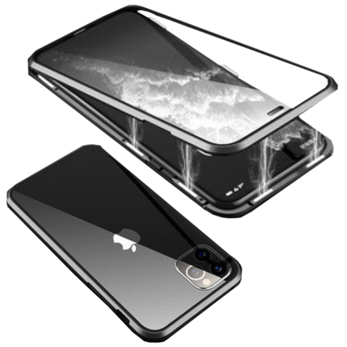 / Beidseitiger 15, Glas Cover, Schwarz 360 Grad Hülle, Metall Full Transparent Apple, WIGENTO Aluminium Magnet iPhone