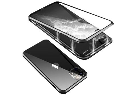WIGENTO Beidseitiger 360 Grad Magnet Glas Metall Aluminium Hülle, Full Cover,  Apple, iPhone 15, Schwarz / Transparent