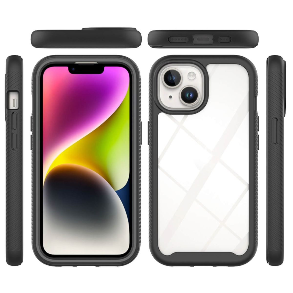 Schwarze Handyhülle mit Telefon. Mehrere Ansichten. Weißer Hintergrund.