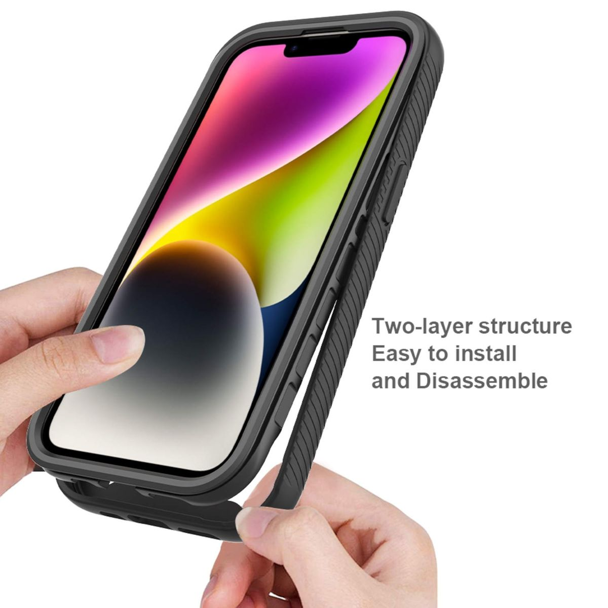 Ein Handycase wird montiert. Hände halten Telefon und schwarzen Case. Text: Zweischichtige Struktur, einfach zu montieren.