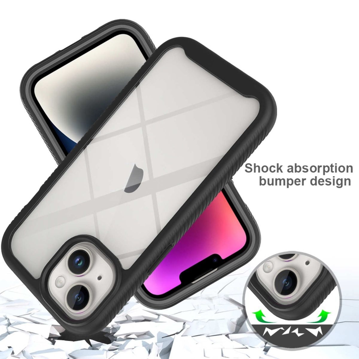Transparente Handyhülle mit schwarzen Rändern auf einem Telefon. Text: Stoßdämpfendes Stoßstangendesign.