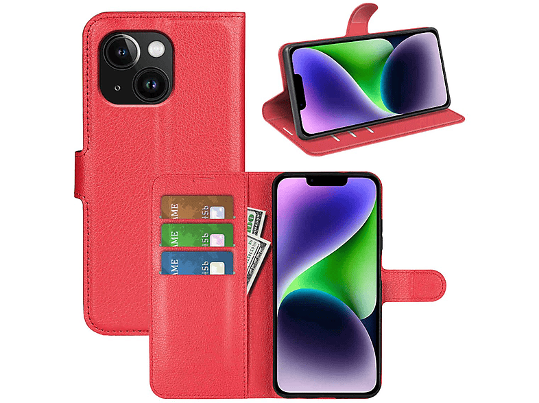 Tasche Wallet iPhone Geld Fach, Bookcover, Rot Kreditkarten & Apple, 15, mit Book WIGENTO