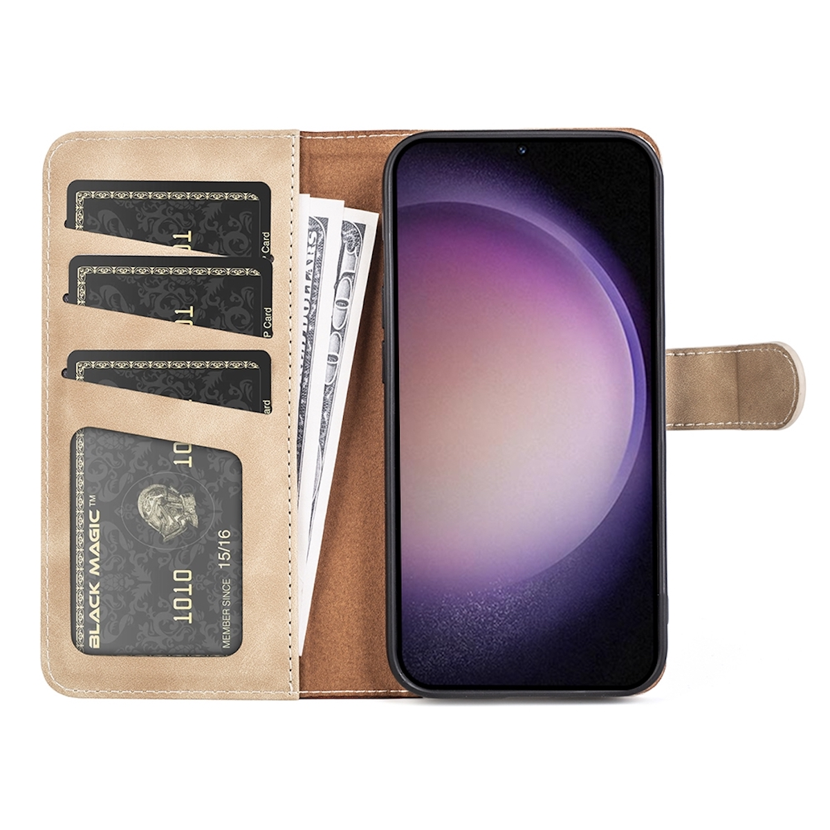 Beige Brieftasche mit Karten und Geld, neben einem Telefon.