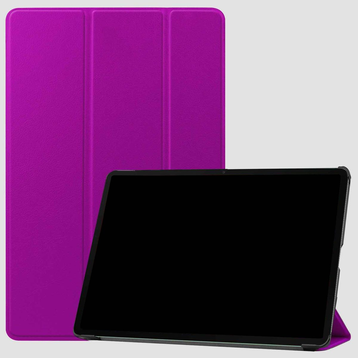 Eine lila Tablethülle steht neben einem schwarzen Tablet. Die Hülle ist offen.