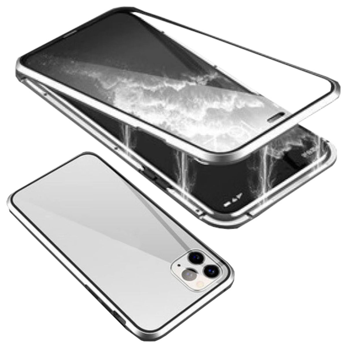 Apple, Cover, Metall Beidseitiger WIGENTO Full Hülle, / 15 Transparent Silber Glas Grad 360 Magnet iPhone Pro, Aluminium