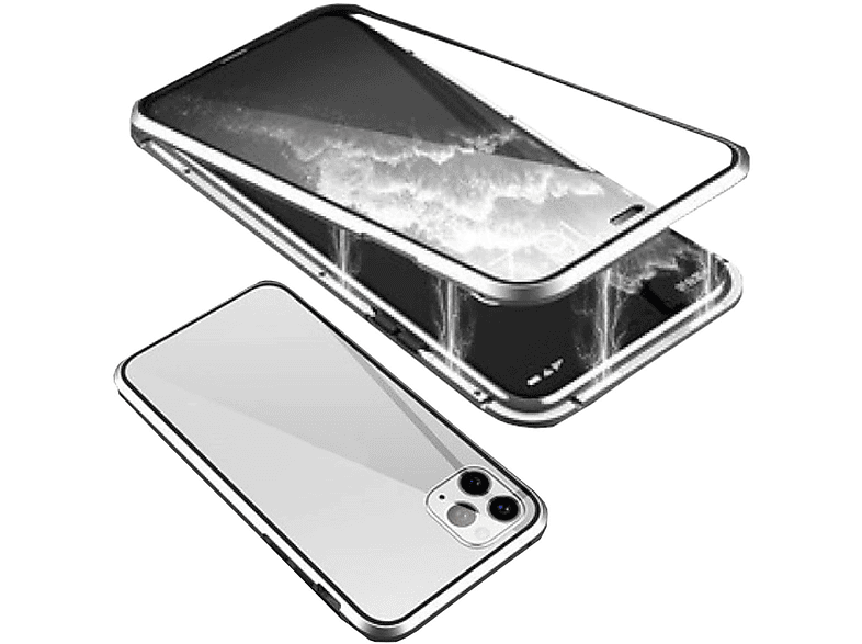 WIGENTO Beidseitiger 360 Grad Magnet Glas Metall Aluminium Hülle, Full Cover, Apple, iPhone 15 Plus, Silber / Transparent