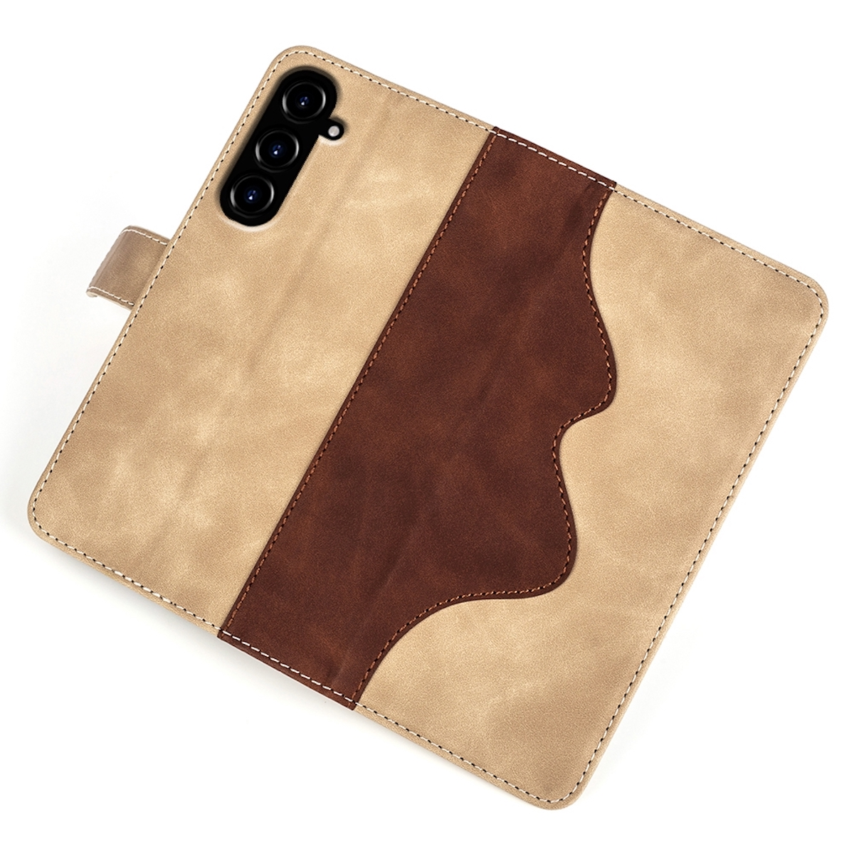 Eine beige Handyhülle mit braunem Akzent. Die Hülle ist offen und zeigt das Handy und eine Klappe.