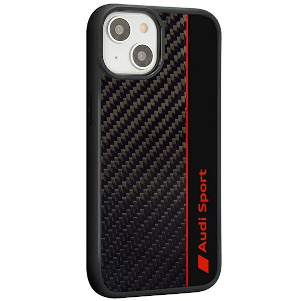 Schwarze Handyhülle mit Carbonfasertextur und Audi Sport Logo.
