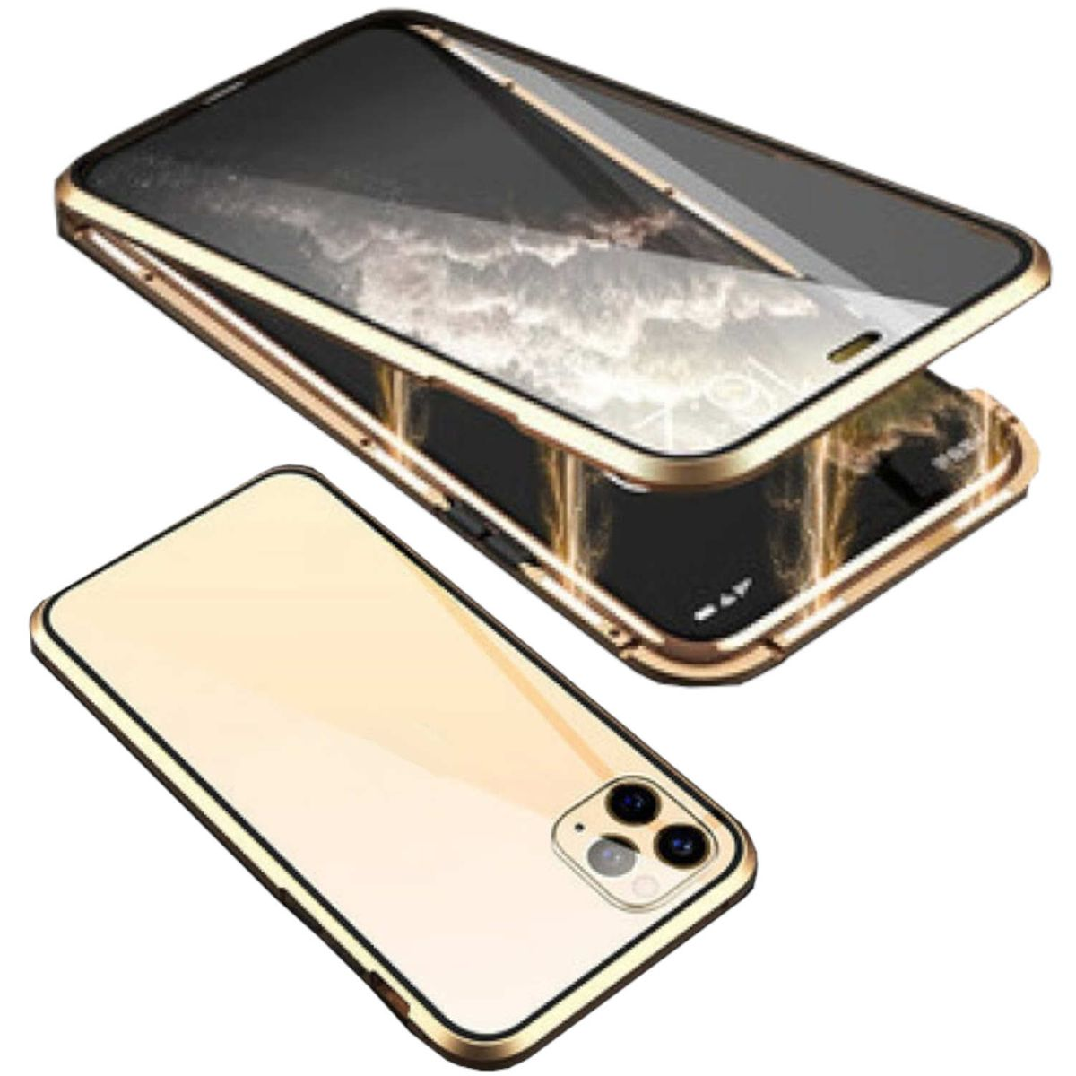 WIGENTO Max, Beidseitiger Cover, iPhone Grad Magnet Pro Hülle, Full Gold Transparent Glas Apple, / Metall 360 Aluminium 15