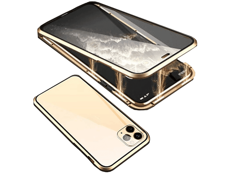 WIGENTO Beidseitiger 360 Grad Magnet Glas Metall Aluminium Hülle, Full Cover, Apple, iPhone 15 Pro Max, Gold / Transparent