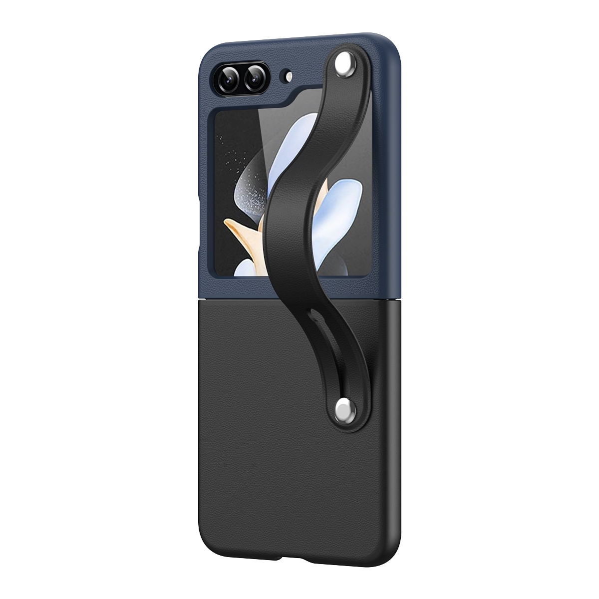 Eine blau-schwarze Handyhülle mit schwarzem Handriemen auf einem faltbaren Telefon.